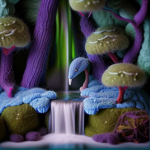 woolitize a blue birds in the forest and beautiful waterfall and then there are green leave and beautiful purple flowers hyperrealistic, full body, detailed clothing, highly detailed, cinematic lighting, stunningly beautiful, intricate, sharp focus, f/1. 8, 85mm, (centered image composition), (professionally color graded), ((bright soft diffused light)), volumetric fog, trending on instagram, trending on tumblr, HDR 4K, 8K