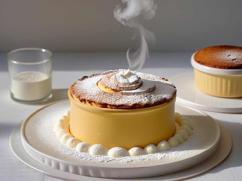  A closeup, photorealistic image of a perfectly golden soufflé rising out of a ramekin, with steam gently wafting upwards, showcasing the precise chemical reactions that occur during the baking process. The surface of the soufflé is delicately browned, with a sprinkling of powdered sugar on top, set against a blurred background of a modern, professional kitchen. hyperrealistic, full body, detailed clothing, highly detailed, cinematic lighting, stunningly beautiful, intricate, sharp focus, f/1. 8, 85mm, (centered image composition), (professionally color graded), ((bright soft diffused light)), volumetric fog, trending on instagram, trending on tumblr, HDR 4K, 8K