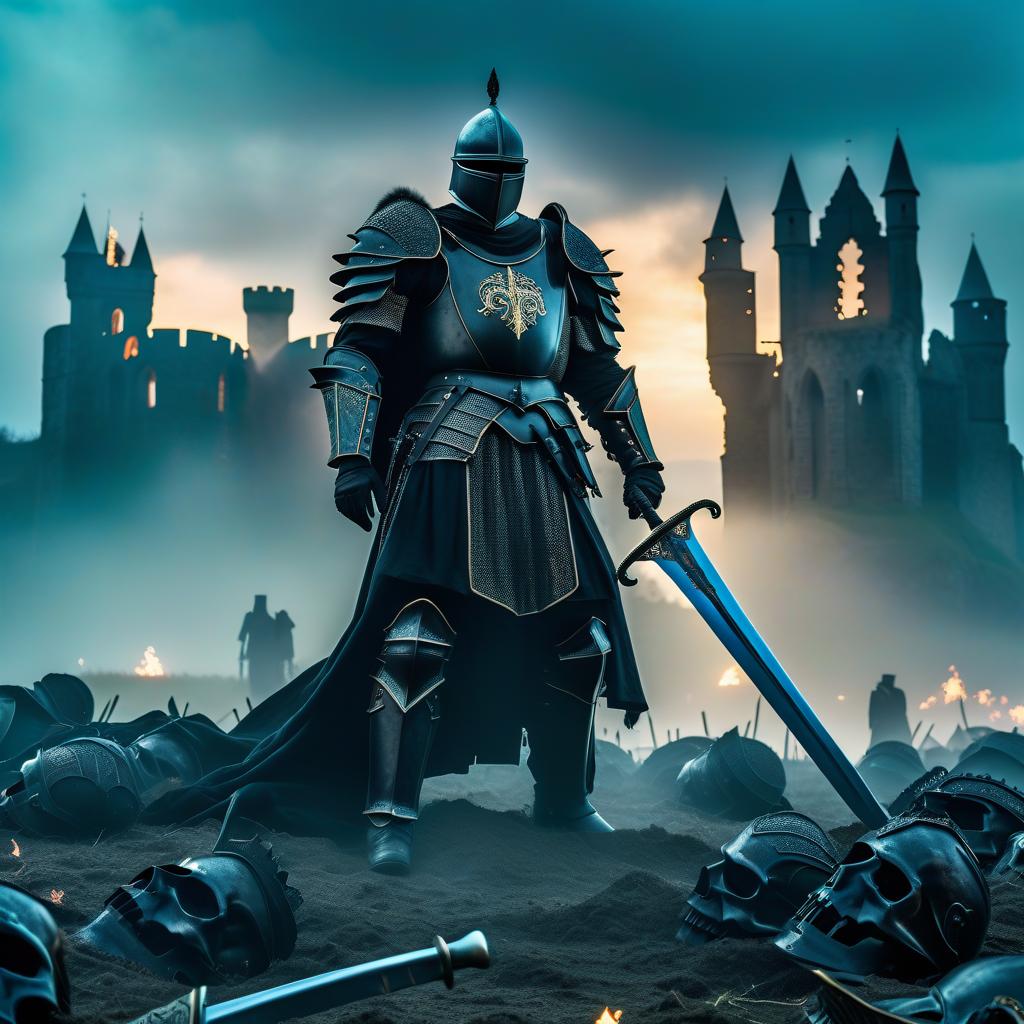  gothic style Background: Ruins of a large medieval Gothic castle in the field. The field is strewn with fallen knights. In the middle of the scene, against the backdrop of the ruins, a black knight in black armor and black helmet with a sword walks towards the beholder, looking down. It's a dark night in the twilight. . dark, mysterious, haunting, dramatic, ornate, detailed hyperrealistic, full body, detailed clothing, highly detailed, cinematic lighting, stunningly beautiful, intricate, sharp focus, f/1. 8, 85mm, (centered image composition), (professionally color graded), ((bright soft diffused light)), volumetric fog, trending on instagram, trending on tumblr, HDR 4K, 8K