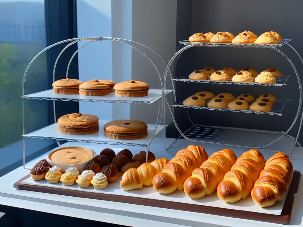  An ultradetailed 8k image of a pristine, modern kitchen with a sleek marble countertop. In the center, a perfectly goldenbrown batch of assorted baked goods, including cookies, croissants, and cupcakes, cooling on a wire rack. The morning sunlight streams in through a large window, casting a soft, warm glow on the delicious treats. The scene exudes a sense of professional elegance and culinary mastery, with a focus on the beauty and artistry of baking. hyperrealistic, full body, detailed clothing, highly detailed, cinematic lighting, stunningly beautiful, intricate, sharp focus, f/1. 8, 85mm, (centered image composition), (professionally color graded), ((bright soft diffused light)), volumetric fog, trending on instagram, trending on tumblr, HDR 4K, 8K