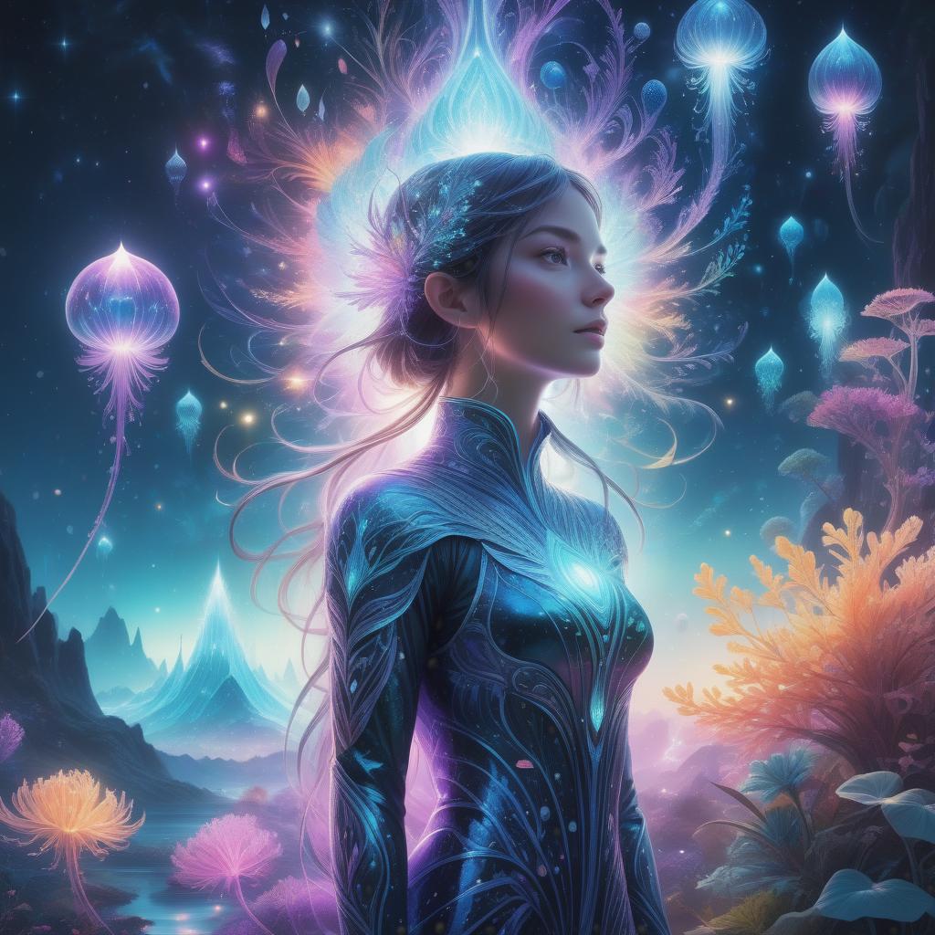  photo RAW,HD,8K, (Ultra detailed illustration of a person lost in a magical world of wonders, glowy, incredibly detailed, pastel colors, night, bioluminescence, ultrarealistic, hyperrealistice, hyperdetailed: shiny aura, highly detailed, intricate motifs, perfect composition, smooth, sharp focus, sparkling particles,  (Ultra detailed illustration of a person lost in a magical world of wonders, glowy, background, incredibly detailed, pastel colors, night, bioluminescence, ultrarealistic, hyperrealistice, hyperdetailed: shiny aura, highly detailed, intricate motifs, perfect composition, smooth, sharp focus, sparkling particles, background Realistic, (In a captivating art piece, a whimsical virtual regal amoeba blob creature takes center stage hyperrealistic, full body, detailed clothing, highly detailed, cinematic lighting, stunningly beautiful, intricate, sharp focus, f/1. 8, 85mm, (centered image composition), (professionally color graded), ((bright soft diffused light)), volumetric fog, trending on instagram, trending on tumblr, HDR 4K, 8K