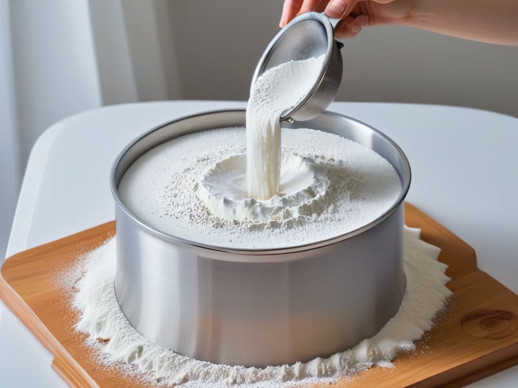  A closeup, ultradetailed image of a sleek, modern stainless steel sifter filled with fluffy, fine flour, captured against a soft, blurred background to emphasize its clean lines and efficient design. The flour delicately cascades through the mesh sieve, creating a mesmerizing pattern in the air, symbolizing precision and perfection in baking. hyperrealistic, full body, detailed clothing, highly detailed, cinematic lighting, stunningly beautiful, intricate, sharp focus, f/1. 8, 85mm, (centered image composition), (professionally color graded), ((bright soft diffused light)), volumetric fog, trending on instagram, trending on tumblr, HDR 4K, 8K