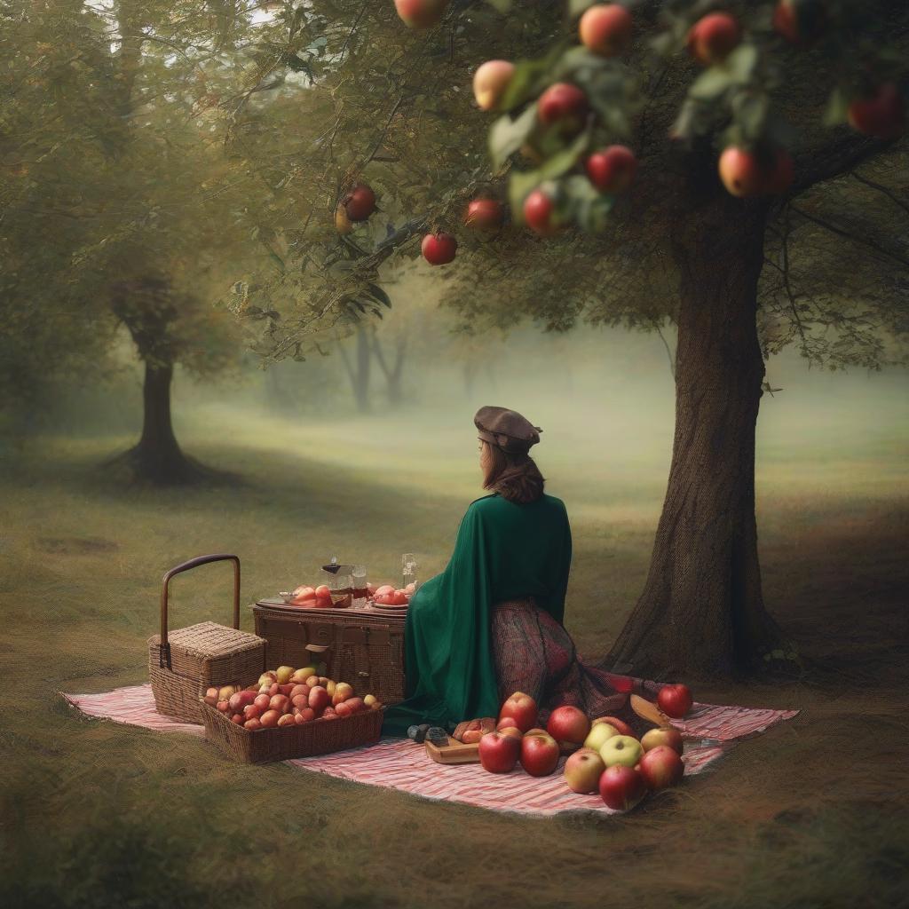  A side view of a picnic with a green blanket in a frame and apples without people. hyperrealistic, full body, detailed clothing, highly detailed, cinematic lighting, stunningly beautiful, intricate, sharp focus, f/1. 8, 85mm, (centered image composition), (professionally color graded), ((bright soft diffused light)), volumetric fog, trending on instagram, trending on tumblr, HDR 4K, 8K