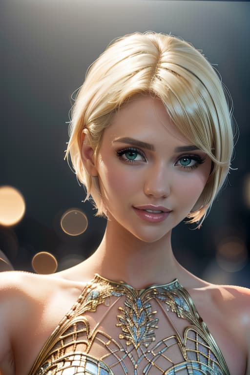  1girl,1girl,blonde short hair,straight hair,upper body shot,shirt,smile hyperrealistic, full body, detailed clothing, highly detailed, cinematic lighting, stunningly beautiful, intricate, sharp focus, f/1. 8, 85mm, (centered image composition), (professionally color graded), ((bright soft diffused light)), volumetric fog, trending on instagram, trending on tumblr, HDR 4K, 8K