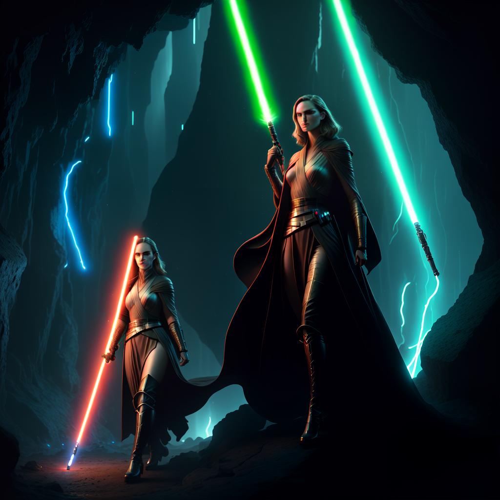  wide shot of Natalie Portman as a Jedi knight using her lightsaber to light up a dark cave hyperrealistic, full body, detailed clothing, highly detailed, cinematic lighting, stunningly beautiful, intricate, sharp focus, f/1. 8, 85mm, (centered image composition), (professionally color graded), ((bright soft diffused light)), volumetric fog, trending on instagram, trending on tumblr, HDR 4K, 8K