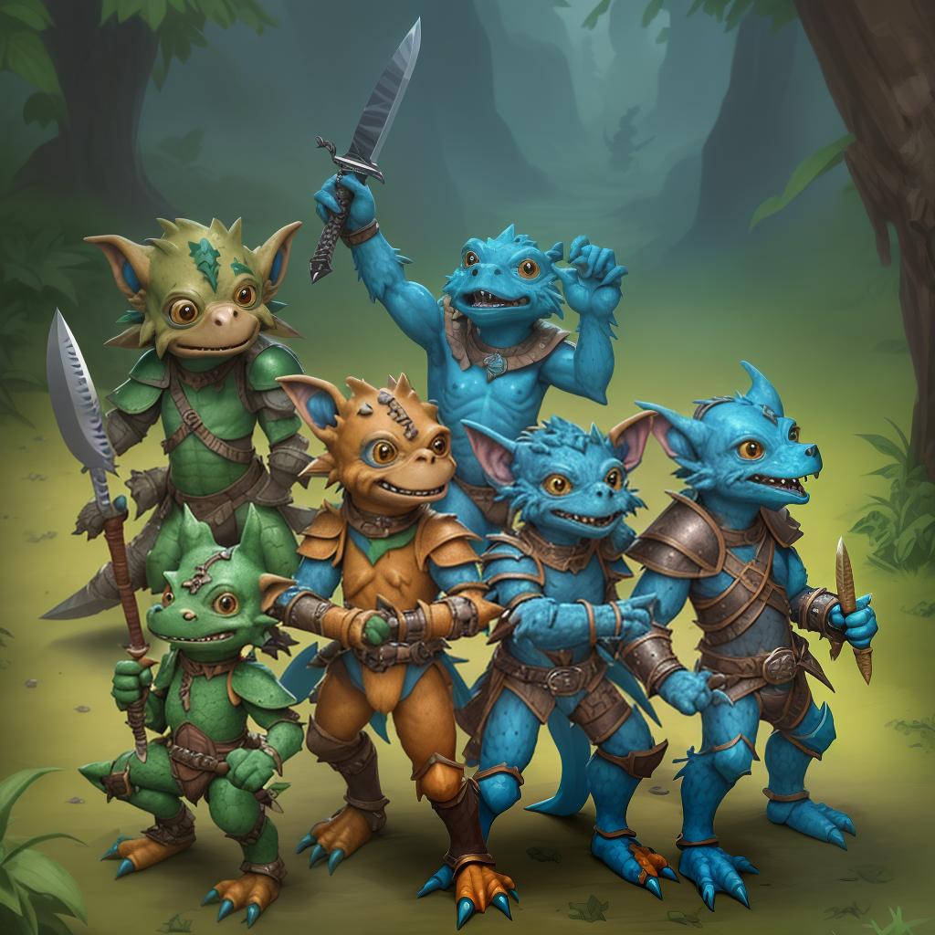  three kobold weaponize with knive in left and right arm orang, green and blue colors, wears nature armors, leather armor and wood armor