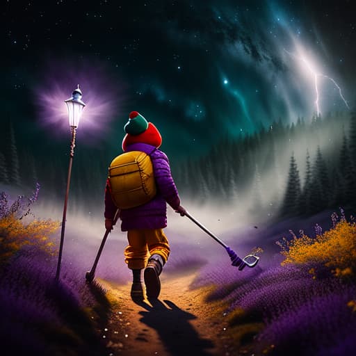  watercolor, storybook, child-book, Young boy flying again on his red broom, silver star charm shining brightly on his purple hat, night sky filled with yellow stars., best quality, very detailed, high resolution, sharp, sharp image hyperrealistic, full body, detailed clothing, highly detailed, cinematic lighting, stunningly beautiful, intricate, sharp focus, f/1. 8, 85mm, (centered image composition), (professionally color graded), ((bright soft diffused light)), volumetric fog, trending on instagram, trending on tumblr, HDR 4K, 8K