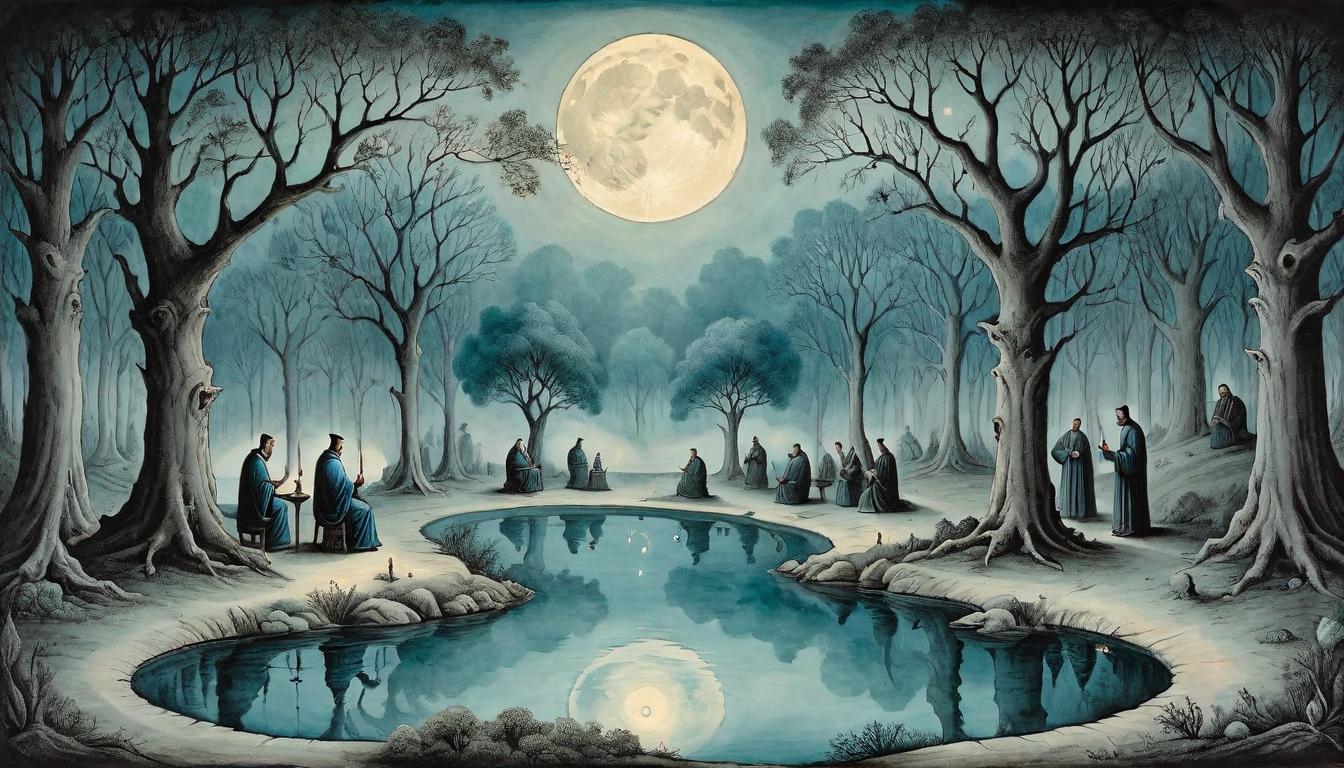  on parchment, surrealism+++, A reflective pool in a serene, moonlit grove, where figures gather to drink the waters of wisdom. Symbolizes clearer understanding and spiritual journey, tranquil wisdom, reflective contemplation, gathering of souls.(mysterious, provocative, symbolic,muted color)+++