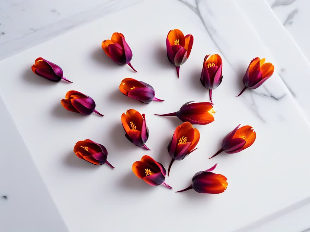  An ultradetailed, 8k image of vibrant red saffron pistils delicately placed on a sleek, white marble countertop. The pistils are arranged in a meticulous pattern, showcasing their rich color and delicate threads. The image captures the intricate beauty of the saffron pistils, highlighting their quality and elegance, perfect for inspiring readers to select the finest saffron for their pastry creations. hyperrealistic, full body, detailed clothing, highly detailed, cinematic lighting, stunningly beautiful, intricate, sharp focus, f/1. 8, 85mm, (centered image composition), (professionally color graded), ((bright soft diffused light)), volumetric fog, trending on instagram, trending on tumblr, HDR 4K, 8K