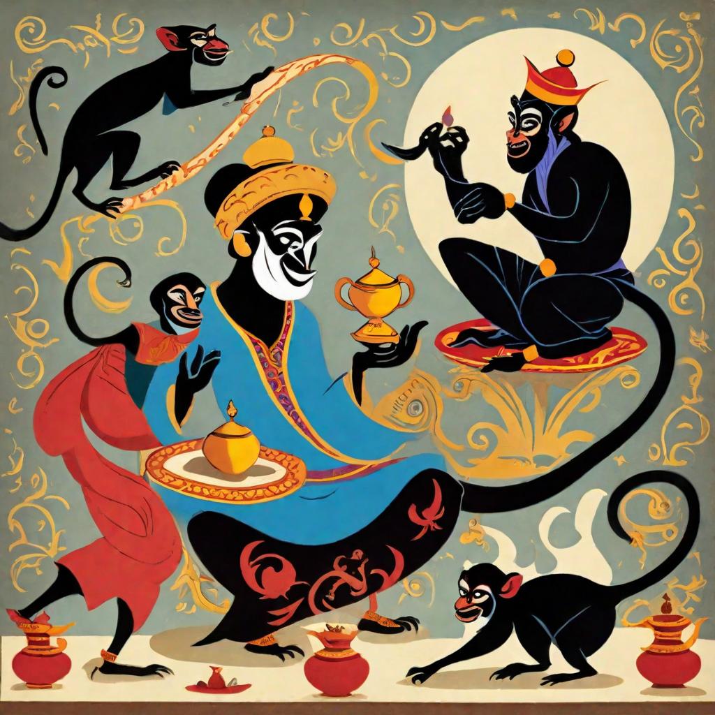  Still life illustration showing Aladdin standing at his magic lamp suddenly transforming into an evil black-clad prince, and the monkey he carries sitting on his shoulder turns into a demon (devil).