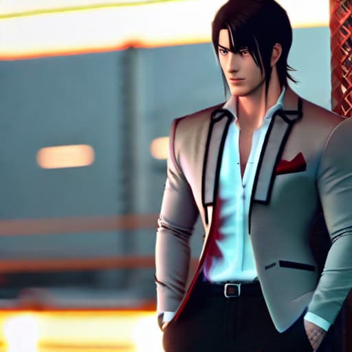  hot anime guy with black hair and red eyes hyperrealistic, full body, detailed clothing, highly detailed, cinematic lighting, stunningly beautiful, intricate, sharp focus, f/1. 8, 85mm, (centered image composition), (professionally color graded), ((bright soft diffused light)), volumetric fog, trending on instagram, trending on tumblr, HDR 4K, 8K