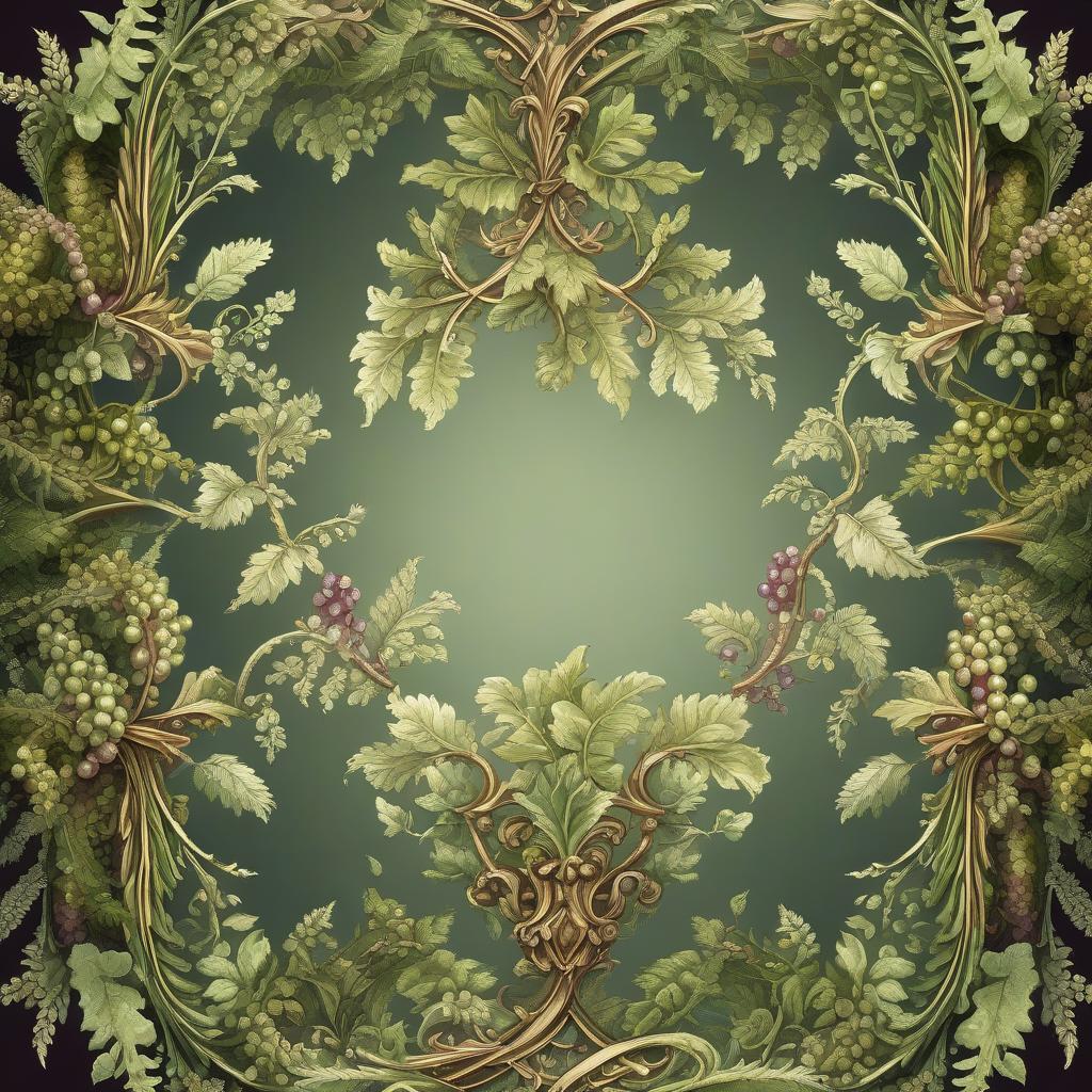  Fern, grape vines. Delicate patterns of mysticism and magic: frame, vignette. Style: Neo rococo, fantastical abstraction, surrealism, mysticism. Swarovski, in the manner of Andrew Jones, Fragonard, Janek Jerek, Mark Kitler, James Kristensen, Albrecht Dürer. High quality. on a transparent background hyperrealistic, full body, detailed clothing, highly detailed, cinematic lighting, stunningly beautiful, intricate, sharp focus, f/1. 8, 85mm, (centered image composition), (professionally color graded), ((bright soft diffused light)), volumetric fog, trending on instagram, trending on tumblr, HDR 4K, 8K