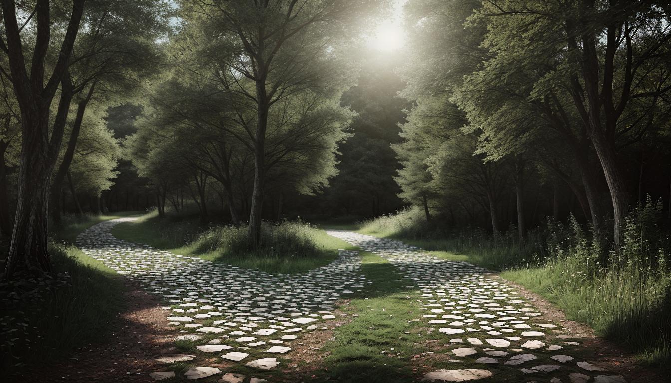  digital illustration, Two paths diverging in a wood, one path clearly more worn than the other, suggesting choice and healthier direction, tranquil setting, contemplative mood, looking at viewer, dynamic pose, (intricate details, masterpiece, best quality)