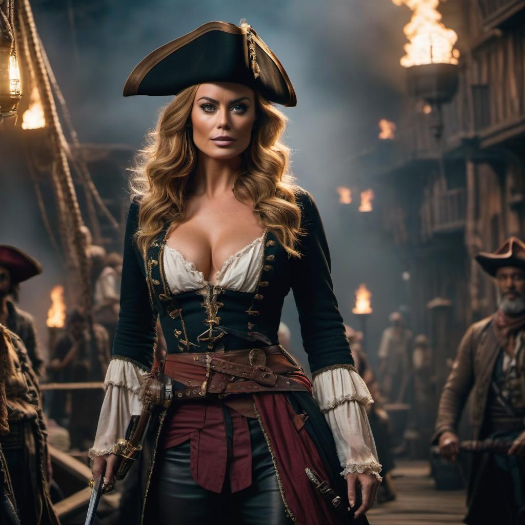  cinematic photo Margo Robbie as a pirate in the movie. . 35mm photograph, film, bokeh, professional, 4k, highly detailed hyperrealistic, full body, detailed clothing, highly detailed, cinematic lighting, stunningly beautiful, intricate, sharp focus, f/1. 8, 85mm, (centered image composition), (professionally color graded), ((bright soft diffused light)), volumetric fog, trending on instagram, trending on tumblr, HDR 4K, 8K