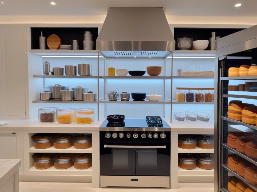  An ultradetailed 8k image of a sleek, modern kitchen with pristine marble countertops showcasing an array of essential baking utensils neatly organized on stainless steel shelves. The utensils include a whisk, rolling pin, piping bags, measuring cups, and various cookie cutters, all gleaming under the warm glow of recessed lighting. The minimalist aesthetic of the kitchen exudes a sense of professional organization and inspires the viewer to equip their own baking space with these indispensable tools. hyperrealistic, full body, detailed clothing, highly detailed, cinematic lighting, stunningly beautiful, intricate, sharp focus, f/1. 8, 85mm, (centered image composition), (professionally color graded), ((bright soft diffused light)), volumetric fog, trending on instagram, trending on tumblr, HDR 4K, 8K