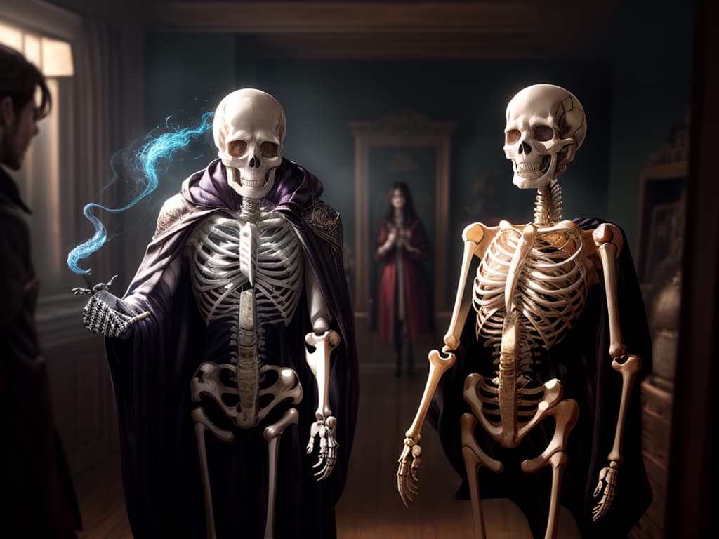  ((skeleton wizard casting spells to woman )) hyperrealistic, full body, detailed clothing, highly detailed, cinematic lighting, stunningly beautiful, intricate, sharp focus, f/1. 8, 85mm, (centered image composition), (professionally color graded), ((bright soft diffused light)), volumetric fog, trending on instagram, trending on tumblr, HDR 4K, 8K