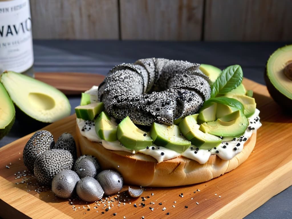  A closeup, ultradetailed image of a creamy vegan cream cheese being spread on a freshly baked bagel, showcasing the smooth texture and rich consistency of the dairyfree spread. The cream cheese is topped with thinly sliced ripe avocado and a sprinkle of black sesame seeds, adding a touch of elegance and gourmet flair to the image. The bagel is placed on a rustic wooden cutting board, with a soft, blurred background that highlights the freshness and simplicity of the ingredients. hyperrealistic, full body, detailed clothing, highly detailed, cinematic lighting, stunningly beautiful, intricate, sharp focus, f/1. 8, 85mm, (centered image composition), (professionally color graded), ((bright soft diffused light)), volumetric fog, trending on instagram, trending on tumblr, HDR 4K, 8K