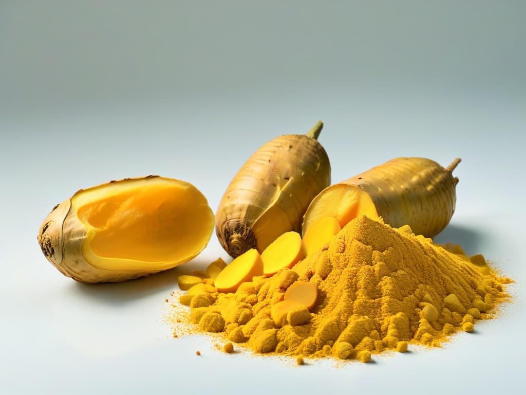  An ultradetailed image of a vibrant yellow turmeric root sliced in half, showcasing its intricate patterns and textures, set against a sleek, modern white background to create a striking contrast and highlight the natural beauty of the spice. hyperrealistic, full body, detailed clothing, highly detailed, cinematic lighting, stunningly beautiful, intricate, sharp focus, f/1. 8, 85mm, (centered image composition), (professionally color graded), ((bright soft diffused light)), volumetric fog, trending on instagram, trending on tumblr, HDR 4K, 8K