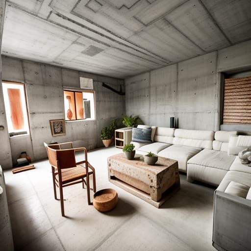  RAW photo, living room, in bahemian style, concrete,
