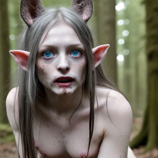  photorealistic, x rated, eating flesh, cute, pale, young, nude, bloody female hybrid creature, long tongue, bottom half deer body top half elf, silver and black highlights mixed hair, glowing blue eyes, freckles, bent over dead body eating human remains in the forest, showing sharp bloody teeth, nice legs, nice breasts, perfect nipples, clear facial features, medium long shot, realistic human skin, 8k uhd, photorealistic, high resolution, perfect shape, perfect facial features and body, serene eyes, gentle eyebrows, sharp focus, high resolution professional super resolution full length photo, LED background lights, 4k uhd, perfectly detailed symmetrical face, anatomically correct body, perfect hands, f/1.4, 15mm,