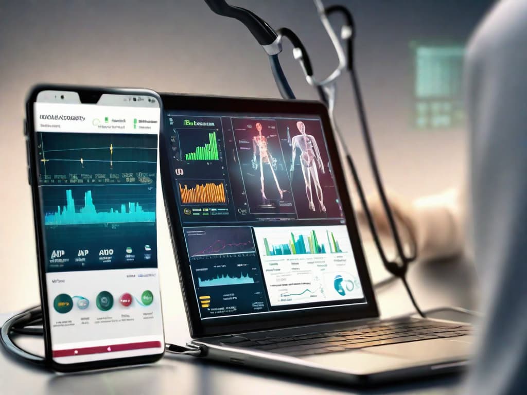  A close-up of a computer screen showing a digital interface with medical charts and graphs, alongside a stethoscope and a smartphone displaying a telemedicine app. The image conveys the integration of technology and personalized care in oncology, enhancing the patient's cancer journey. digital art, ilustration, no flares, clean hyperrealistic, full body, detailed clothing, highly detailed, cinematic lighting, stunningly beautiful, intricate, sharp focus, f/1. 8, 85mm, (centered image composition), (professionally color graded), ((bright soft diffused light)), volumetric fog, trending on instagram, trending on tumblr, HDR 4K, 8K