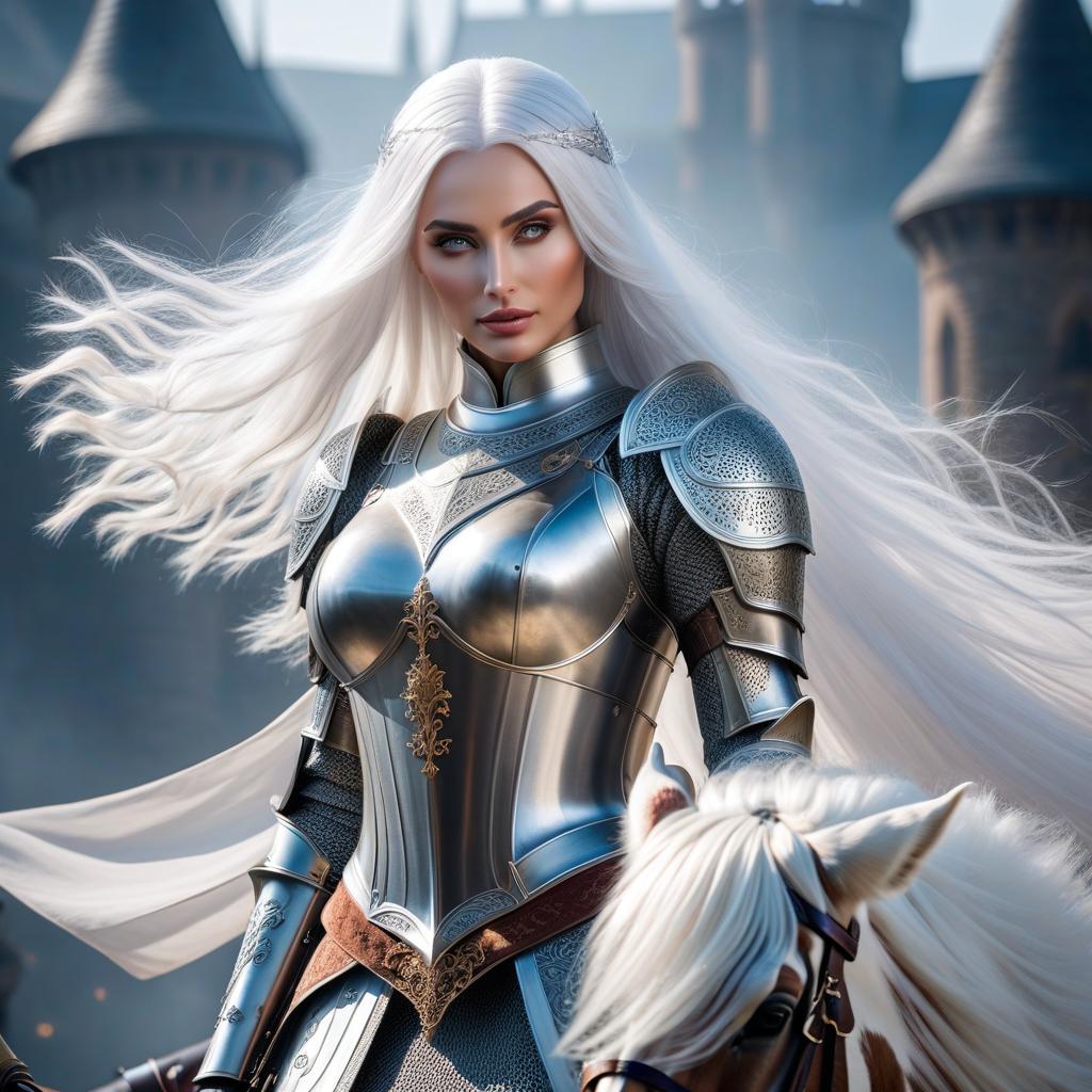  A knight with white hair is tall and a princess hyperrealistic, full body, detailed clothing, highly detailed, cinematic lighting, stunningly beautiful, intricate, sharp focus, f/1. 8, 85mm, (centered image composition), (professionally color graded), ((bright soft diffused light)), volumetric fog, trending on instagram, trending on tumblr, HDR 4K, 8K