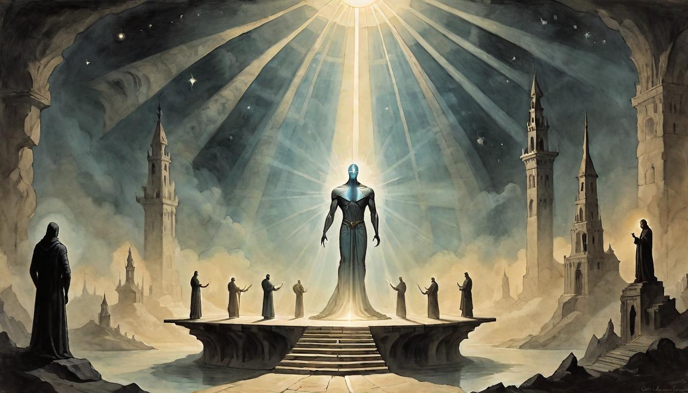  on parchment, surrealism+++, A radiant light source in the shape of a human figure, standing on an elevated platform, beams of light extending outward, surrounded by dark, shadowy figures reaching towards the light, spiritual ascension, beacon of hope, ethereal and inspiring(mysterious, provocative, symbolic,muted color)+++