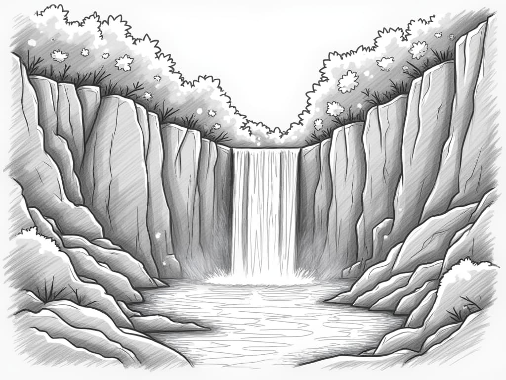  beautiful waterfall, nature, (2d, pencil sketch, crisp edges, bold cartoon style outlines:1.4)