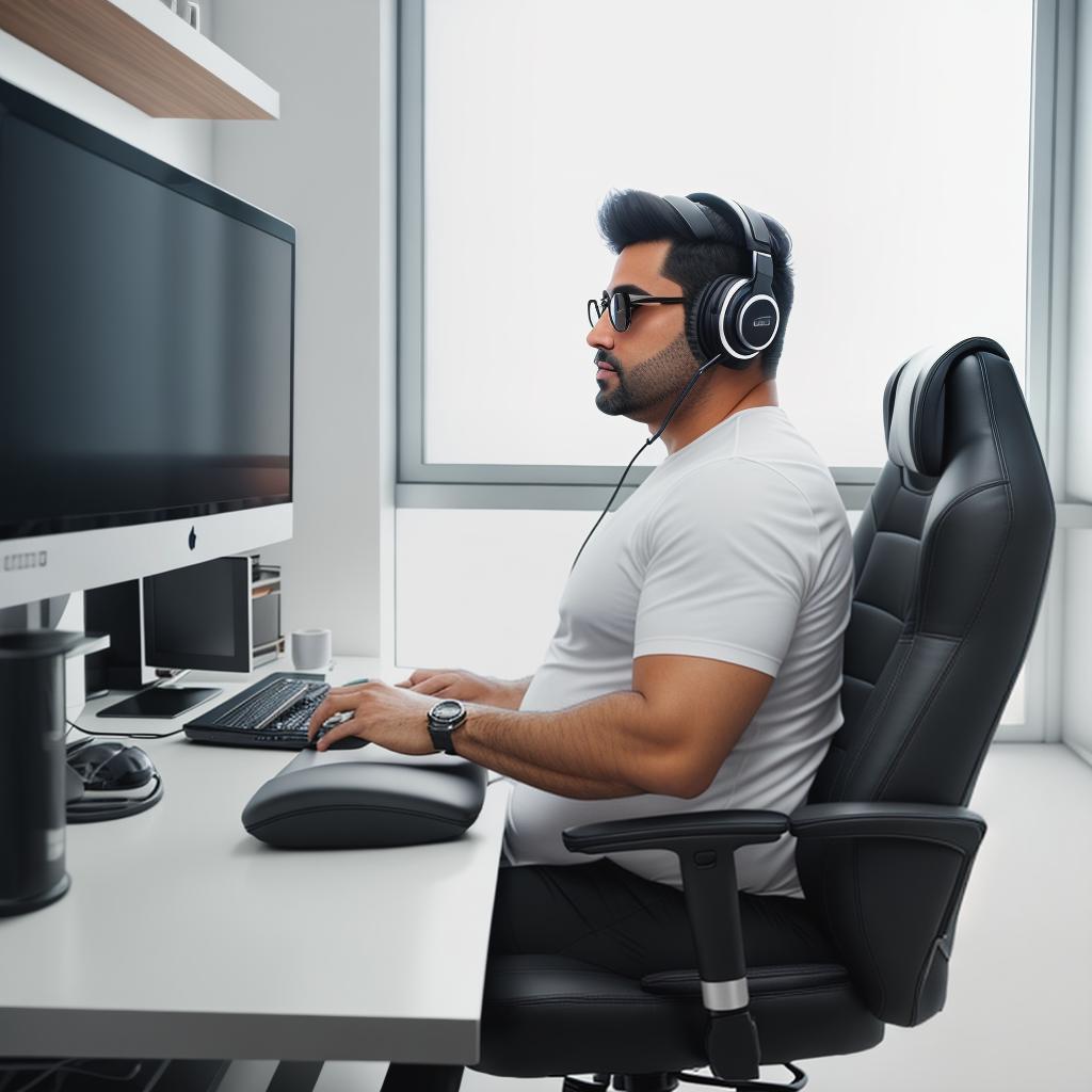  raccoon sitting in gaming chair front a computer on desktop, ((semi anthropomorphic)),(full body), tail, belly, sitting, fat, (chubby), (((white background))), solo, desktop, gaming chair, side view,  [[[clothes]]] hyperrealistic, full body, detailed clothing, highly detailed, cinematic lighting, stunningly beautiful, intricate, sharp focus, f/1. 8, 85mm, (centered image composition), (professionally color graded), ((bright soft diffused light)), volumetric fog, trending on instagram, trending on tumblr, HDR 4K, 8K