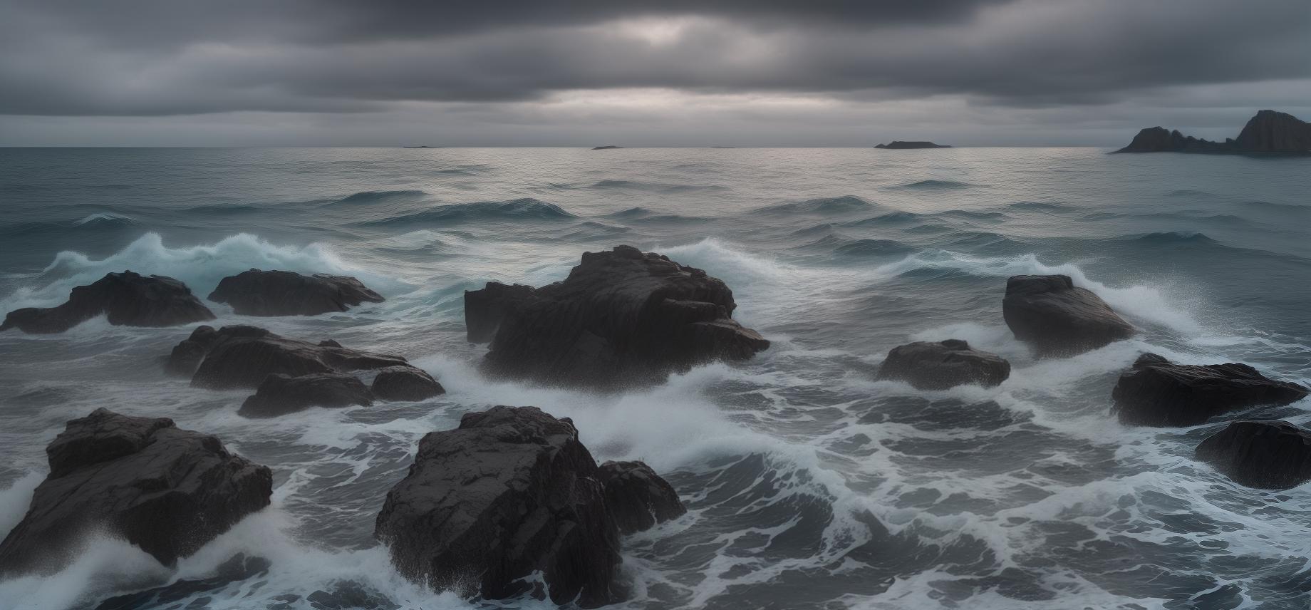  masterpiece, best quality, (ocean landscape), britanny, granit rocks, 4k, realistic, beautiful, photography, greyish weather, cinematic, photorealistic,(only 3 rocks), cloudy