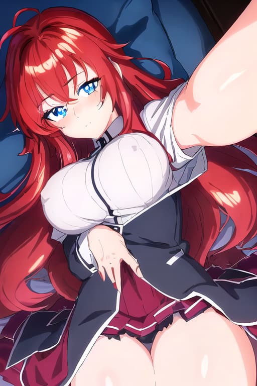  mive s,s,,g cup,on back,on bed,,legs ,arms outstretched for a hug,masterpiece, best quality, 1women, long red hair, looking at viewer, :3, cute, black uniform, outdoors, streets, cowboy shot, curvy, (((blue eyes))), rias gremory, red hair, antenna hair, wavy hair, ((beautiful detailed eyes, beautiful detailed glow, lots of glow)), anime screencap,women, masterpiece, best quality, high quality, solo