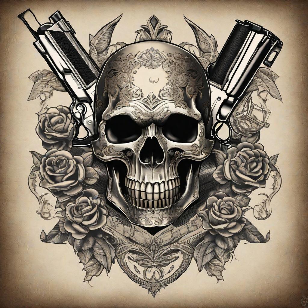  masterpiece, best quality, A skull with a 4 cylinder revolver tattoo small