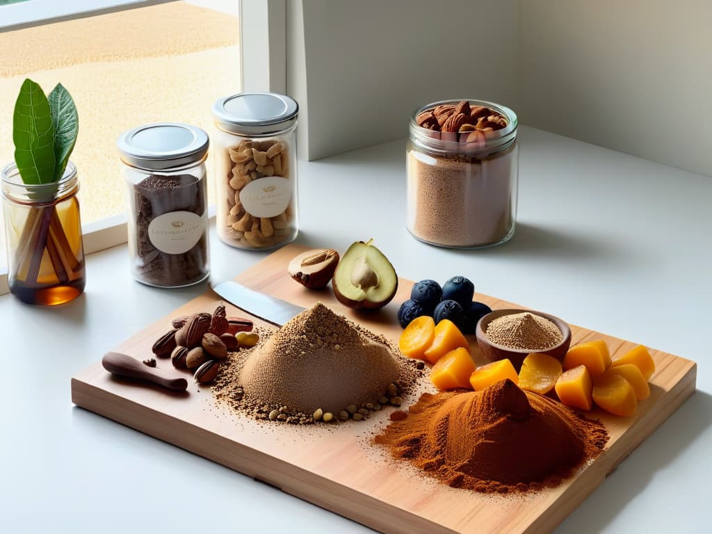  An ultradetailed image of a serene, minimalist kitchen counter with a wooden cutting board displaying a variety of healthy dessert ingredients like cacao powder, nuts, dried fruits, and a small jar of ashwagandha powder. The soft natural light filtering in through a nearby window highlights the textures and colors of the ingredients, creating a harmonious and inviting scene. hyperrealistic, full body, detailed clothing, highly detailed, cinematic lighting, stunningly beautiful, intricate, sharp focus, f/1. 8, 85mm, (centered image composition), (professionally color graded), ((bright soft diffused light)), volumetric fog, trending on instagram, trending on tumblr, HDR 4K, 8K