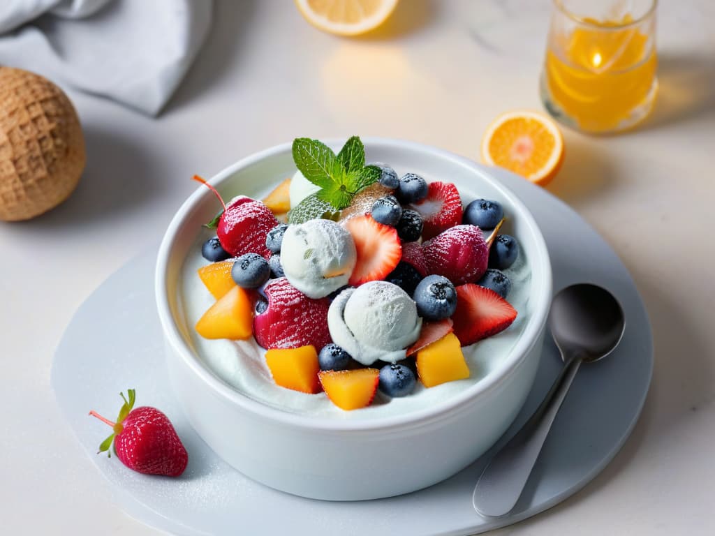  A closeup, ultradetailed image of a scoop of creamy homemade yogurt and fruit ice cream, perfectly swirling with vibrant fresh berries and chunks of ripe tropical fruits, topped with a delicate mint leaf, all presented in a sleek, modern white bowl on a marble countertop. The textures of the creamy frozen dessert and the juicy fruits are so vivid, you can almost taste the refreshing sweetness just by looking at it. The lighting is soft, highlighting the natural colors and inviting the viewer to indulge in this guiltfree treat. hyperrealistic, full body, detailed clothing, highly detailed, cinematic lighting, stunningly beautiful, intricate, sharp focus, f/1. 8, 85mm, (centered image composition), (professionally color graded), ((bright soft diffused light)), volumetric fog, trending on instagram, trending on tumblr, HDR 4K, 8K