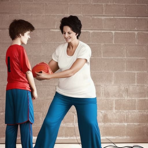  mother playing football and son, mother wiring: a robe without anything else, wiring son : t-shirt and pant