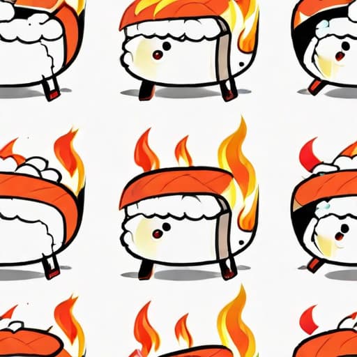  a sushi roll cartoon with legs, on fire, running