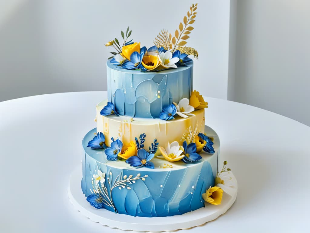  An ultradetailed, photorealistic image of a beautifully decorated threetiered cake, each layer showcasing intricate designs made with edible paint. The top tier features delicate watercolorstyle flowers, the middle tier displays a geometric pattern in pastel colors, and the bottom tier exhibits a stunning marbled effect in shades of blue and gold. The cake is elegantly displayed on a crystal stand, set against a soft, blurred background to emphasize the intricate details of the edible paintwork. hyperrealistic, full body, detailed clothing, highly detailed, cinematic lighting, stunningly beautiful, intricate, sharp focus, f/1. 8, 85mm, (centered image composition), (professionally color graded), ((bright soft diffused light)), volumetric fog, trending on instagram, trending on tumblr, HDR 4K, 8K