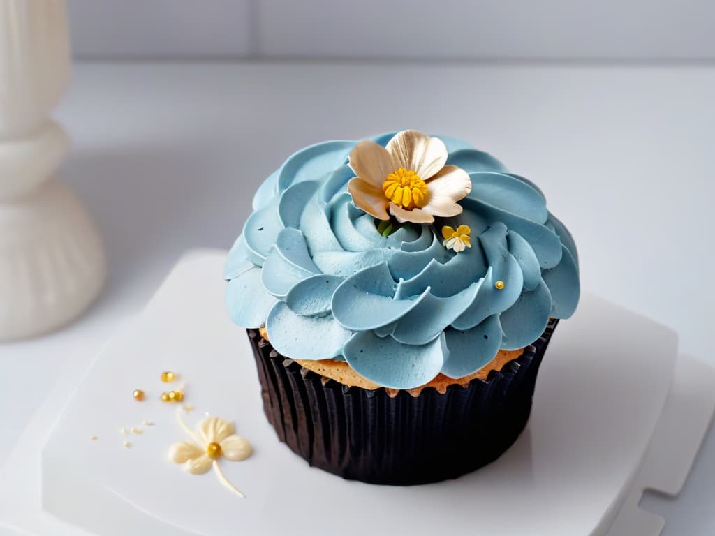  A closeup, ultradetailed image of a single gourmet healthy cupcake on a sleek, minimalist white plate. The cupcake is elegantly decorated with swirls of pastelcolored frosting, delicate edible flowers, and a sprinkle of gold leaf, creating a visually stunning and appetizing presentation. The focus is on the intricate details of the cupcake, highlighting the craftsmanship and artistry involved in its creation. hyperrealistic, full body, detailed clothing, highly detailed, cinematic lighting, stunningly beautiful, intricate, sharp focus, f/1. 8, 85mm, (centered image composition), (professionally color graded), ((bright soft diffused light)), volumetric fog, trending on instagram, trending on tumblr, HDR 4K, 8K