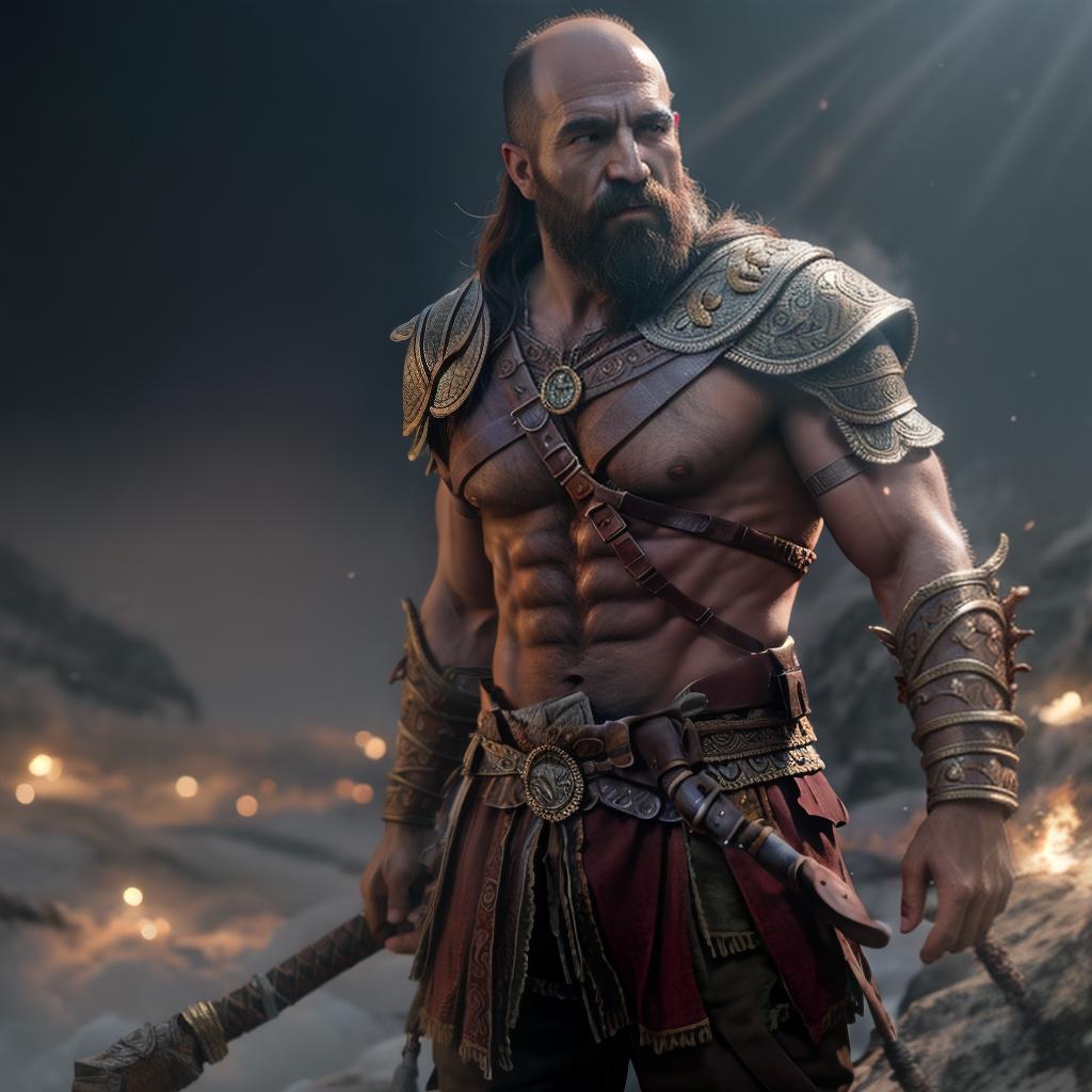  God of war hyperrealistic, full body, detailed clothing, highly detailed, cinematic lighting, stunningly beautiful, intricate, sharp focus, f/1. 8, 85mm, (centered image composition), (professionally color graded), ((bright soft diffused light)), volumetric fog, trending on instagram, trending on tumblr, HDR 4K, 8K