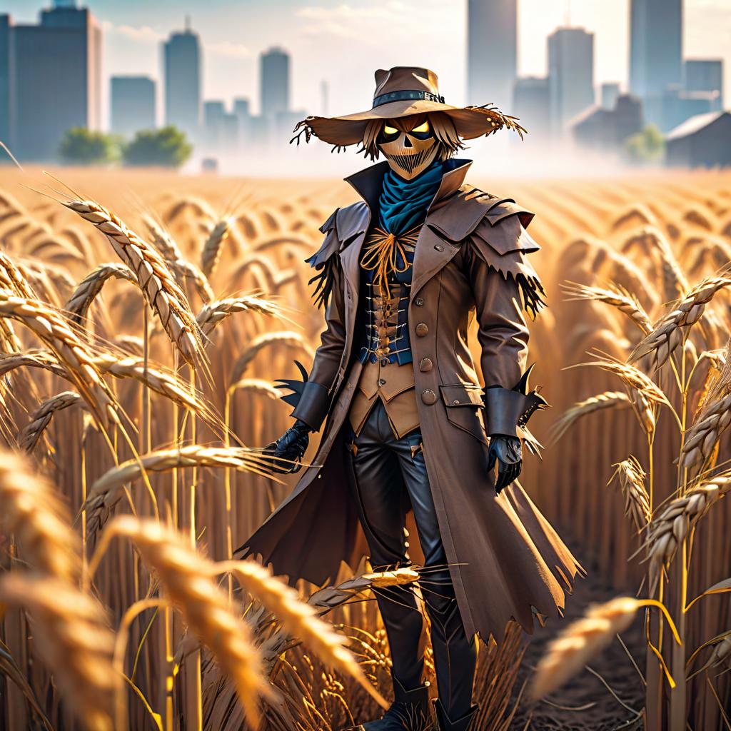  anime artwork A homemade scarecrow in the middle of a wheat field in the city of the future . anime style, key visual, vibrant, studio anime, highly detailed hyperrealistic, full body, detailed clothing, highly detailed, cinematic lighting, stunningly beautiful, intricate, sharp focus, f/1. 8, 85mm, (centered image composition), (professionally color graded), ((bright soft diffused light)), volumetric fog, trending on instagram, trending on tumblr, HDR 4K, 8K