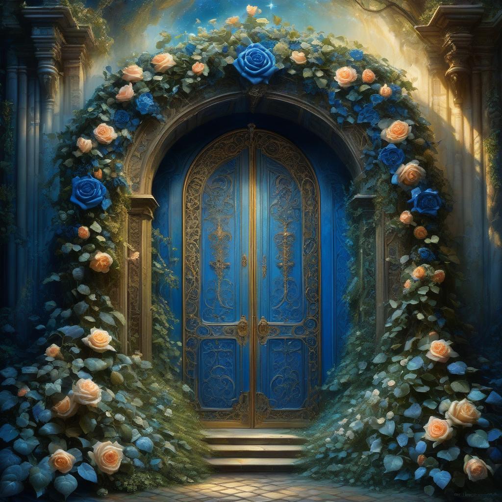  Oil Painting. Surrealistic digital image with double exposure and (dissolving textures). (Door to a fairy tale: 1,2). With unusual design. Rays of magical light from the ajar door. Glow, Magic. Forged, strange, bizarre:: intricate wrought iron elements in the spirit of Scandinavian ornaments. Intricate floral decoration:: Blue roses:: glow, ivy, ornamentation:: plateresco. Background:: surreal abstractionism with elements of masonry covered with ivy and roses. Hyper detailing, intricacy. Fantasy, creativity. Harmony of blue and copper shades. Exquisite rocaille and fantasy surrealism. Decorative excesses. Josephine Wall. Fragonard and Antoine Watteau. Sabbas Aptheros, Alfonso Mucha, Carole Buck, Andrew Jones, Gustav Klimt. High detail. High hyperrealistic, full body, detailed clothing, highly detailed, cinematic lighting, stunningly beautiful, intricate, sharp focus, f/1. 8, 85mm, (centered image composition), (professionally color graded), ((bright soft diffused light)), volumetric fog, trending on instagram, trending on tumblr, HDR 4K, 8K