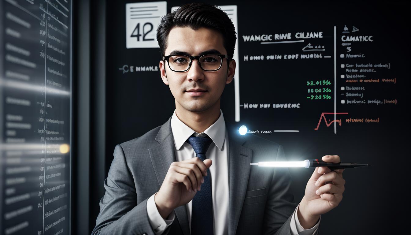  cinematic, aesthetic, Individual in smart attire, holding a whiteboard marker, pointing to a strategic plan on a glass board, focused expression, analytical, thoughtful, corporate setting, calculated, 4k, HDR, lens flare