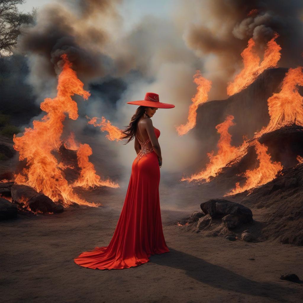  A woman adorned with a fiery themed hat and attire surrounded by dramatic flames, exuding elegance and intensity. hyperrealistic, full body, detailed clothing, highly detailed, cinematic lighting, stunningly beautiful, intricate, sharp focus, f/1. 8, 85mm, (centered image composition), (professionally color graded), ((bright soft diffused light)), volumetric fog, trending on instagram, trending on tumblr, HDR 4K, 8K