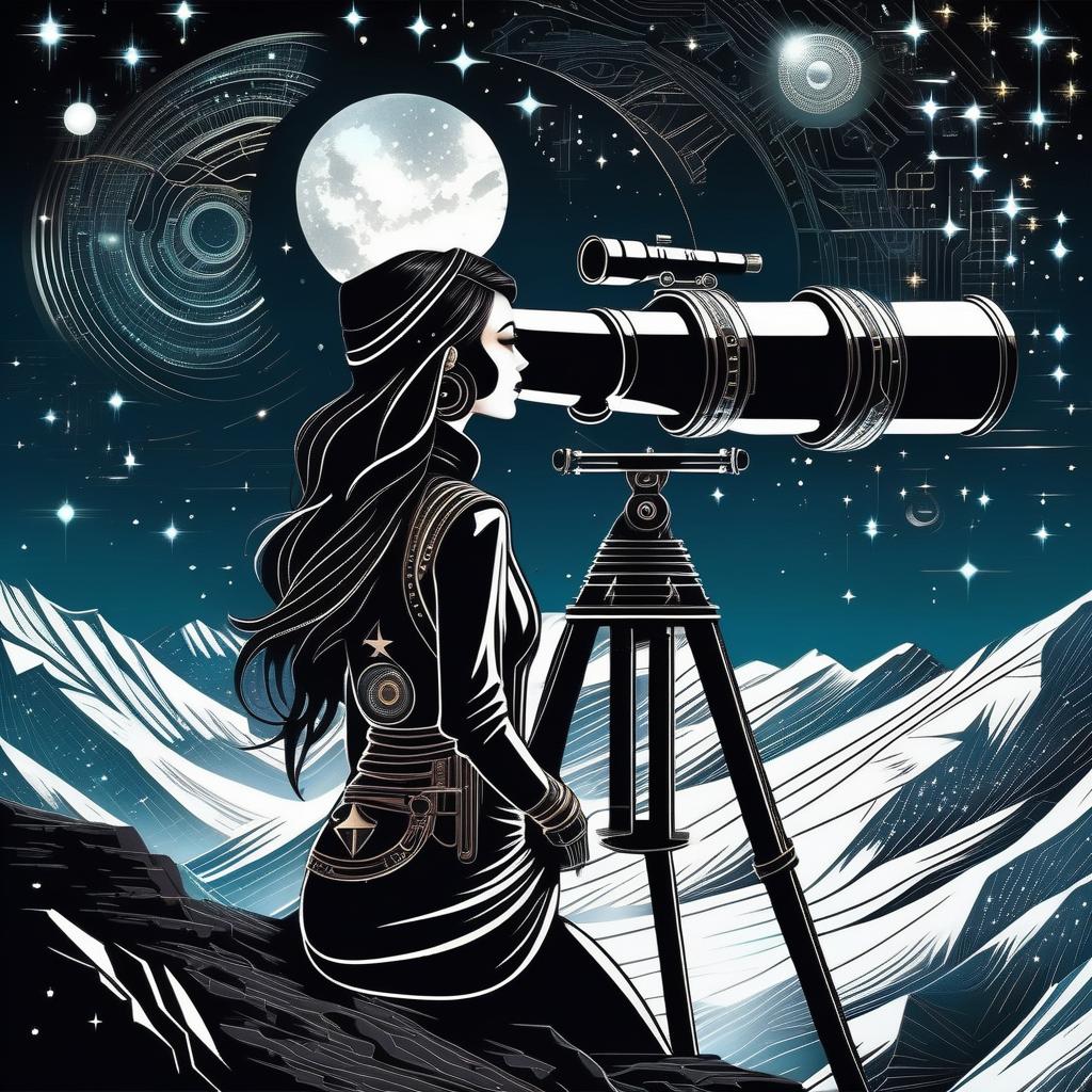  biomechanical cyberpunk A girl in the mountains looks at the stars through a telescope . cybernetics, human-machine fusion, dystopian, organic meets artificial, dark, intricate, highly detailed