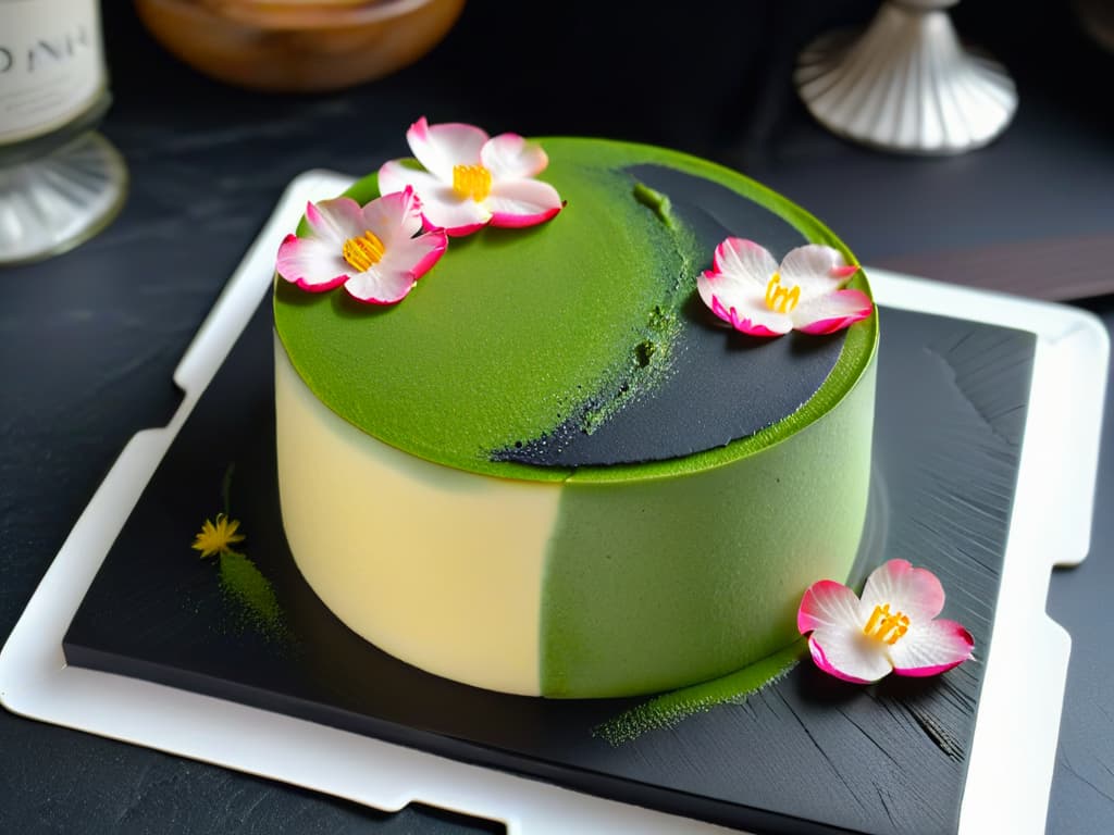  An ultradetailed closeup image of a single elegant Japanese dessert on a simple, pristine white plate. The dessert features delicate layers of matchainfused sponge cake, adorned with a single perfect sakura blossom made of sugar, all resting on a glossy black slate surface. The intricate details of the dessert's textures, the vibrant green hue of the matcha, and the subtle sheen of the sugar flower are all captured in stunning clarity, highlighting the beauty of simplicity in Japanese dessert design. hyperrealistic, full body, detailed clothing, highly detailed, cinematic lighting, stunningly beautiful, intricate, sharp focus, f/1. 8, 85mm, (centered image composition), (professionally color graded), ((bright soft diffused light)), volumetric fog, trending on instagram, trending on tumblr, HDR 4K, 8K