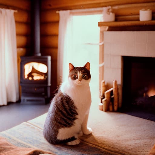 analog style "In the room of a cabin, a cozy fireplace, a cat is in front of the cozy fireplace."