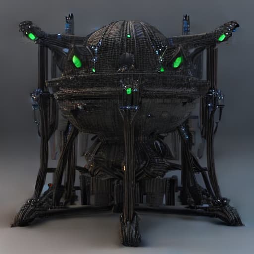  A highly detailed 3D render of a futuristic robot, inspired by the works of H.R. Giger, with metallic textures, glowing LED lights, and advanced machinery.