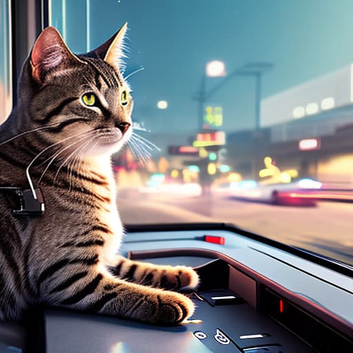 nvinkpunk Realistic image of a cat wearing headphones and reading glasses while riding a bus. hyperrealistic, full body, detailed clothing, highly detailed, cinematic lighting, stunningly beautiful, intricate, sharp focus, f/1. 8, 85mm, (centered image composition), (professionally color graded), ((bright soft diffused light)), volumetric fog, trending on instagram, trending on tumblr, HDR 4K, 8K