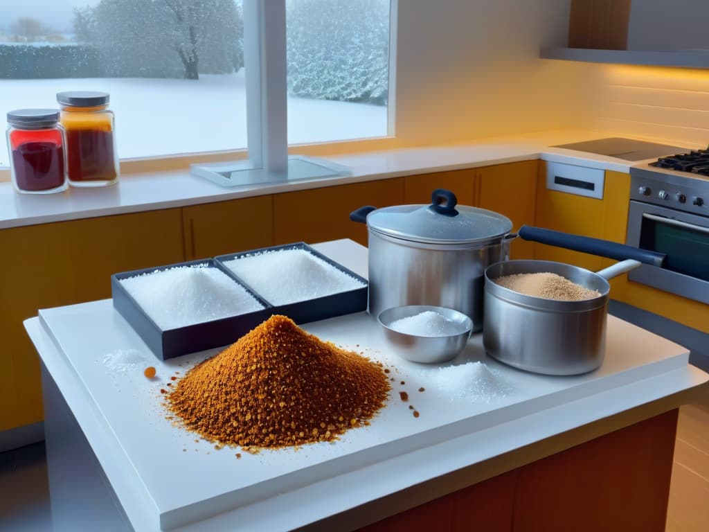  A photorealistic image of a kitchen countertop covered in various stages of sugar crystallization, showcasing both successful and failed attempts at making caramel candies. The image includes a thermometer, pots with different sugar mixtures, and a variety of utensils like spatulas and candy molds. The scene is illuminated by warm natural light coming from a nearby window, emphasizing the textures and details of the sugar crystals forming in the different containers. hyperrealistic, full body, detailed clothing, highly detailed, cinematic lighting, stunningly beautiful, intricate, sharp focus, f/1. 8, 85mm, (centered image composition), (professionally color graded), ((bright soft diffused light)), volumetric fog, trending on instagram, trending on tumblr, HDR 4K, 8K