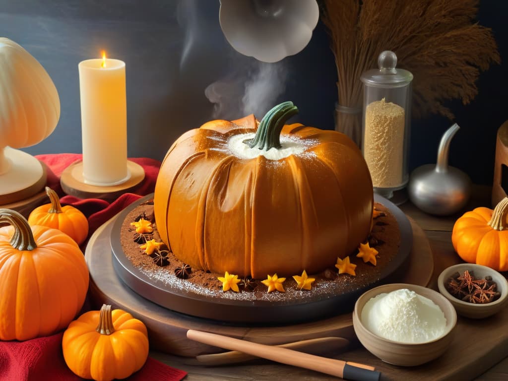  A photorealistic image of a large, rustic wooden table adorned with an array of ingredients for making Hagrid's famous pumpkin cake. The table is set against a cozy kitchen backdrop with soft natural light streaming in, highlighting the vibrant orange hues of fresh pumpkins, bowls of spices, sacks of flour, and a vintage mixing bowl. Steam rises from a justbaked cake cooling on a wire rack, with a whimsical touch of scattered magical items like a wand and a small cauldron nearby. hyperrealistic, full body, detailed clothing, highly detailed, cinematic lighting, stunningly beautiful, intricate, sharp focus, f/1. 8, 85mm, (centered image composition), (professionally color graded), ((bright soft diffused light)), volumetric fog, trending on instagram, trending on tumblr, HDR 4K, 8K